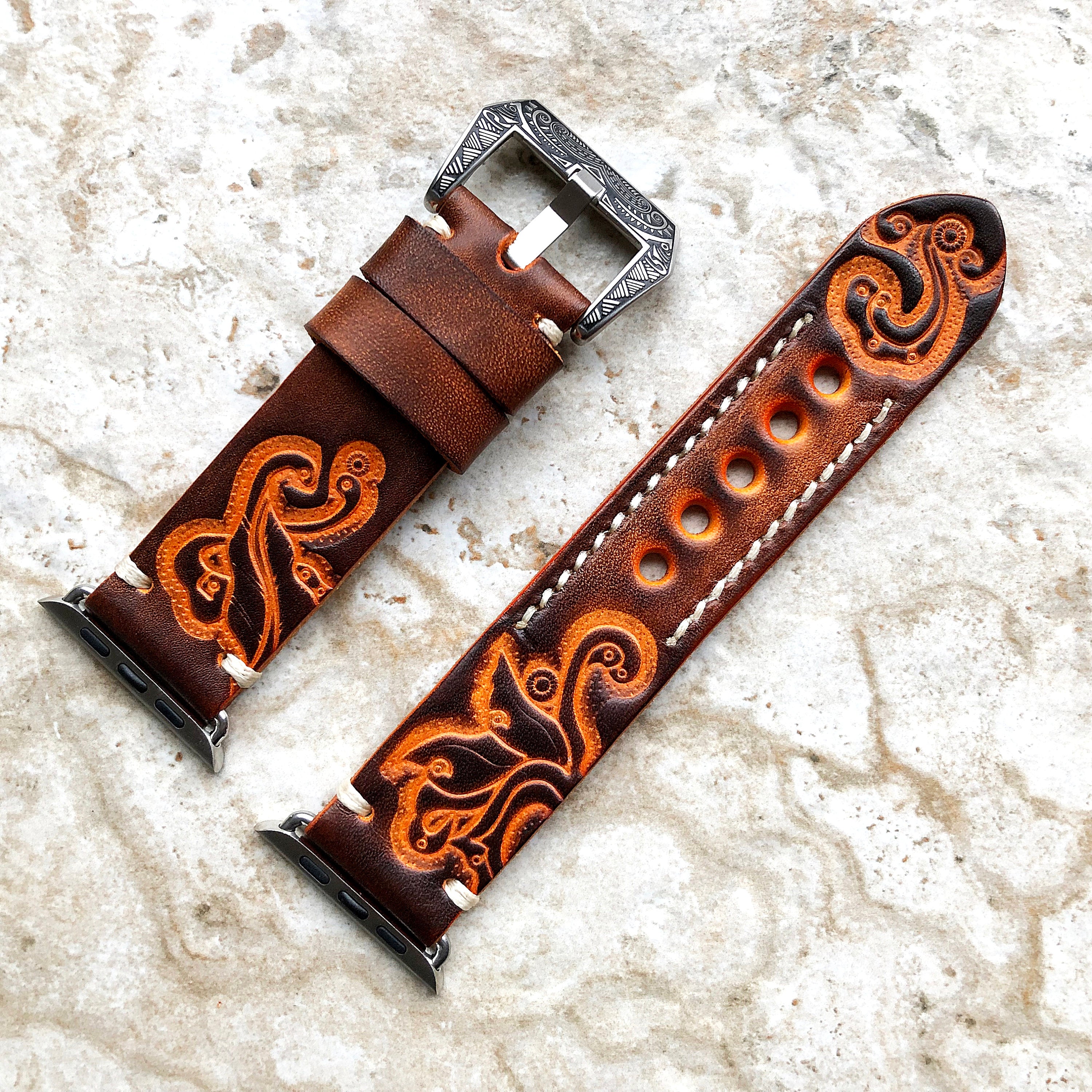 Apple Watch Brown and Orange Tooled Band for iWatch Ultra 2 1 49mm and 9 8 Series 41mm 45mm Case Bracelet Embossed Handmade Leather Strap